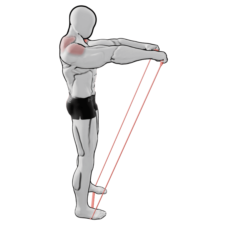 Band Front Raise — finishing position, working the front delts and upper traps