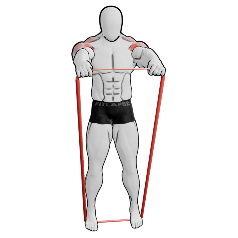 Band Front Raise — finishing position, second camera angle, working the front delts and upper traps