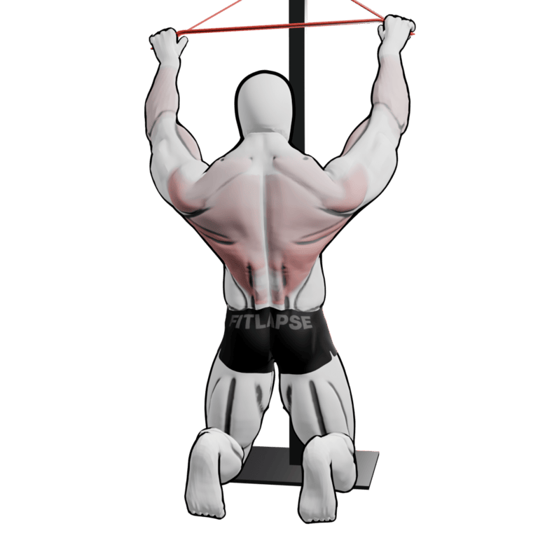 Band Kneeling Lat Pulldown — starting position, second camera angle
