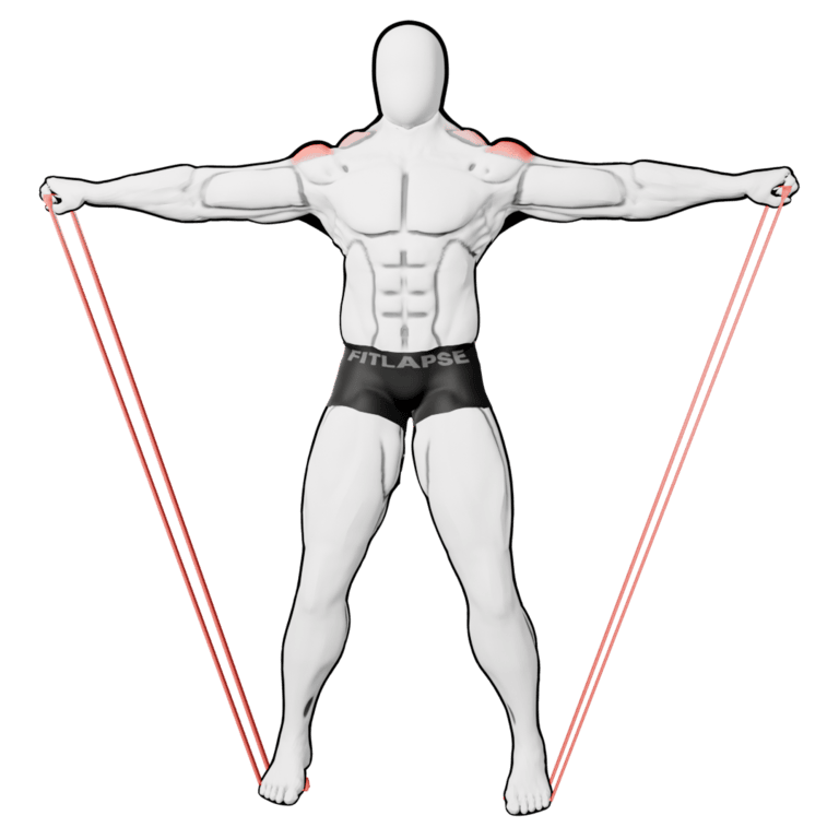 Band Lateral Raise — finishing position, working the side delts and upper traps