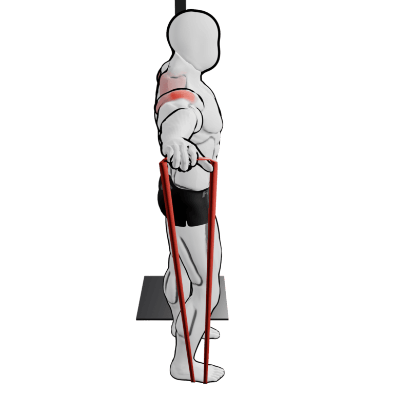 Band Lean-Away Lateral Raise — finishing position, working the side delts and rear delts