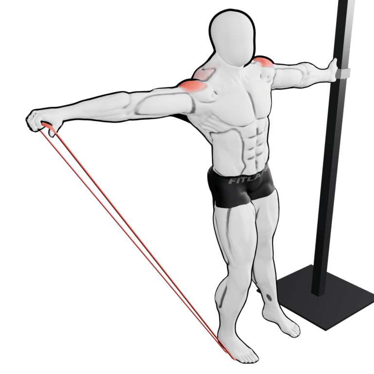 Band Lean-Away Lateral Raise — finishing position, second camera angle, working the side delts and rear delts