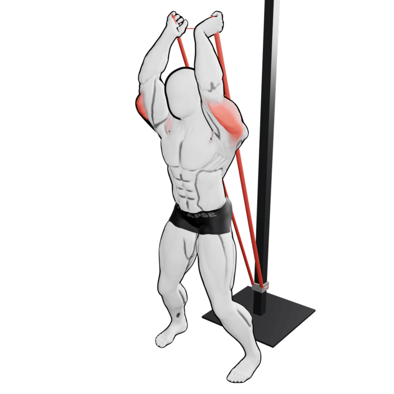 Band Overhead Triceps Extension — finishing position, second camera angle, working the triceps and front delts