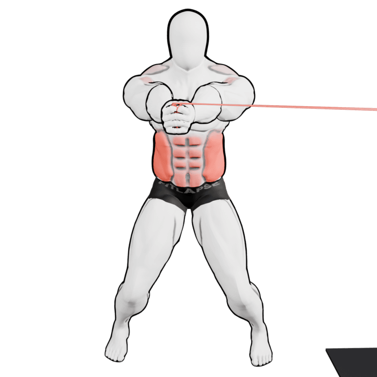 Band Pallof Press — finishing position, working the obliques and abs