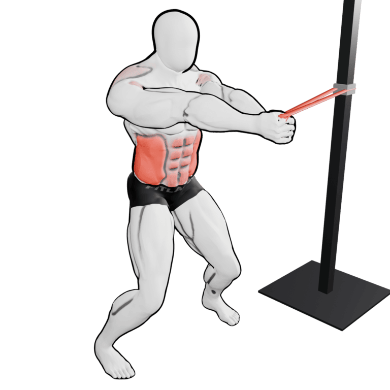 Band Pallof Press — finishing position, second camera angle, working the obliques and abs