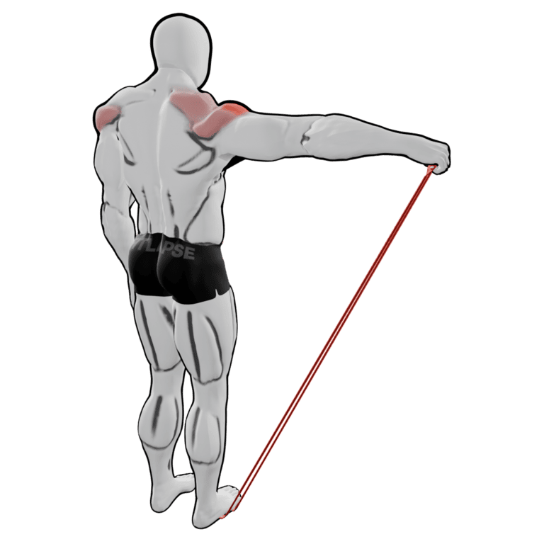 Band Single-Arm Lateral Raise — finishing position, second camera angle, working the side delts and rear delts