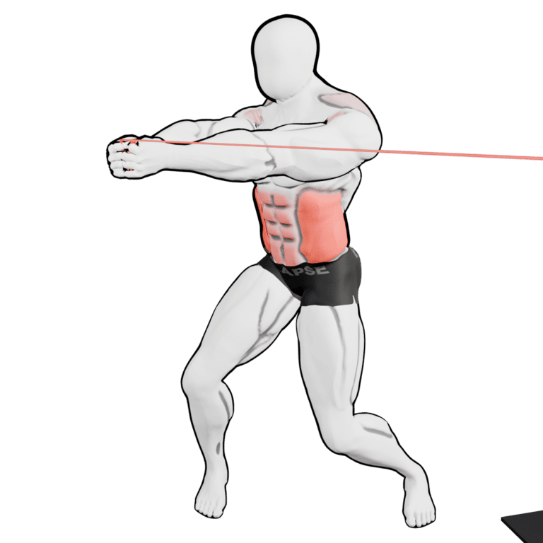 Band Standing Torso Rotation — finishing position, working the obliques and abs