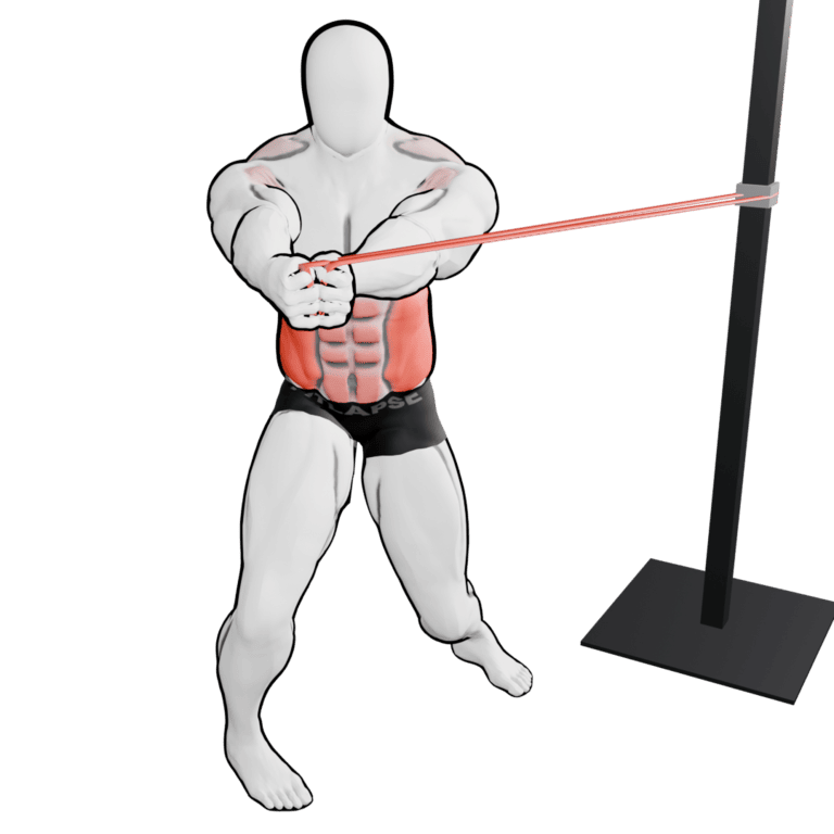 Band Standing Torso Rotation — finishing position, second camera angle, working the obliques and abs