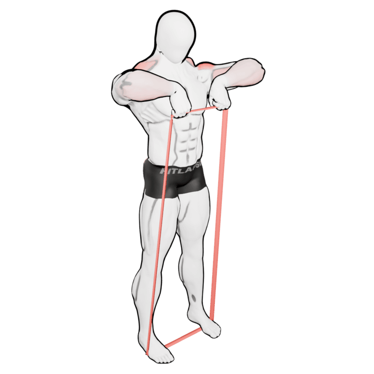 Band Upright Row — finishing position, second camera angle, working the side delts and upper traps
