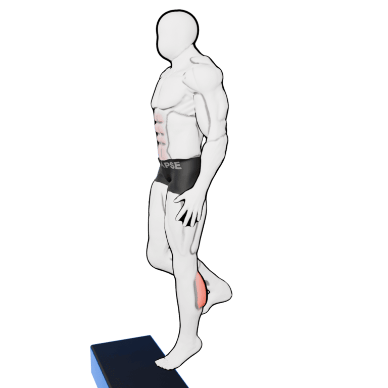 Single-Leg Calf Raise — finishing position, second camera angle, working the calves and glutes