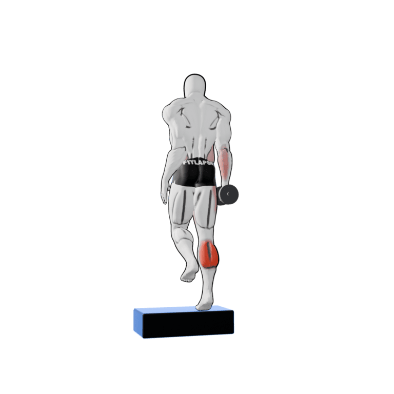 Single-Leg Dumbbell Calf Raise — finishing position, working the calves and forearms