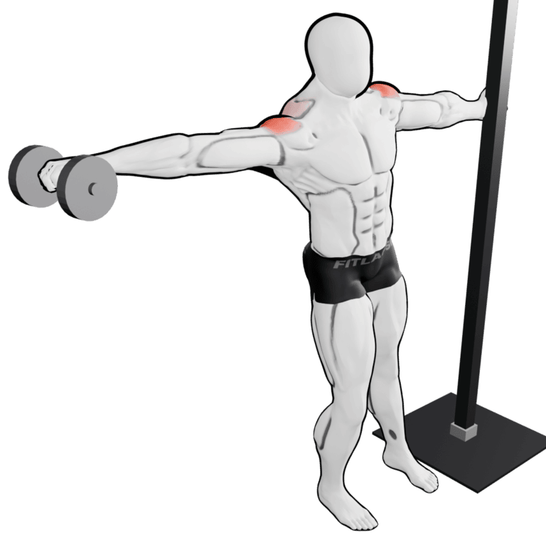 Dumbbell Lean-Away Lateral Raise — finishing position, second camera angle, working the side delts and rear delts