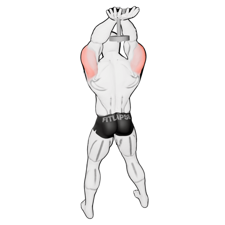 Two-Hand Overhead Dumbbell Extension — finishing position, second camera angle, working the triceps and front delts