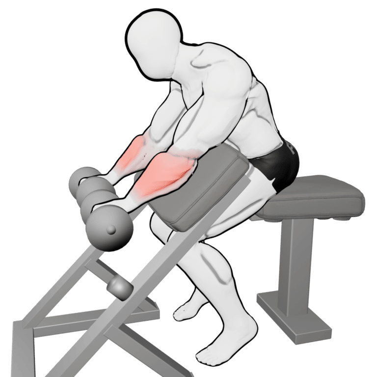 Preacher Reverse Dumbbell Wrist Curl — finishing position, second camera angle, working the forearms