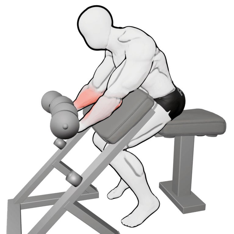 Preacher Dumbbell Wrist Curl — finishing position, second camera angle, working the forearms